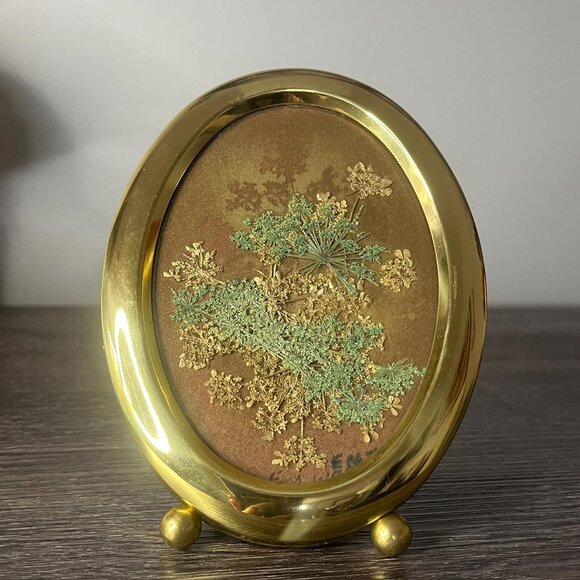 MCM Pressed Dried Wildflower Floral Leave Brass Framed-Hawaiian Floral - Picture 2 of 10